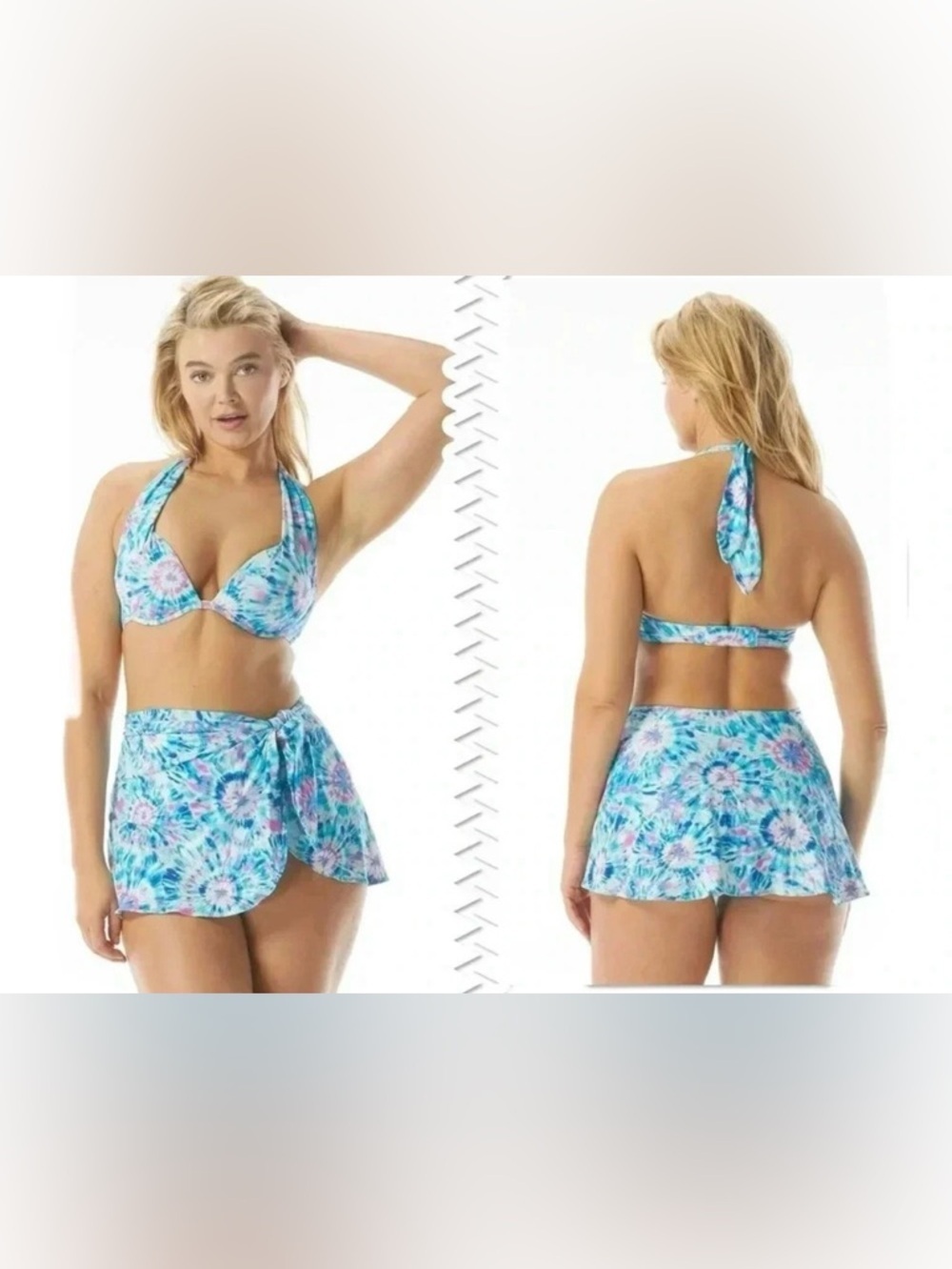 Coco Contours Cameo Halter Bra Sized Underwire Push Up Bikini All Over Tie Dye